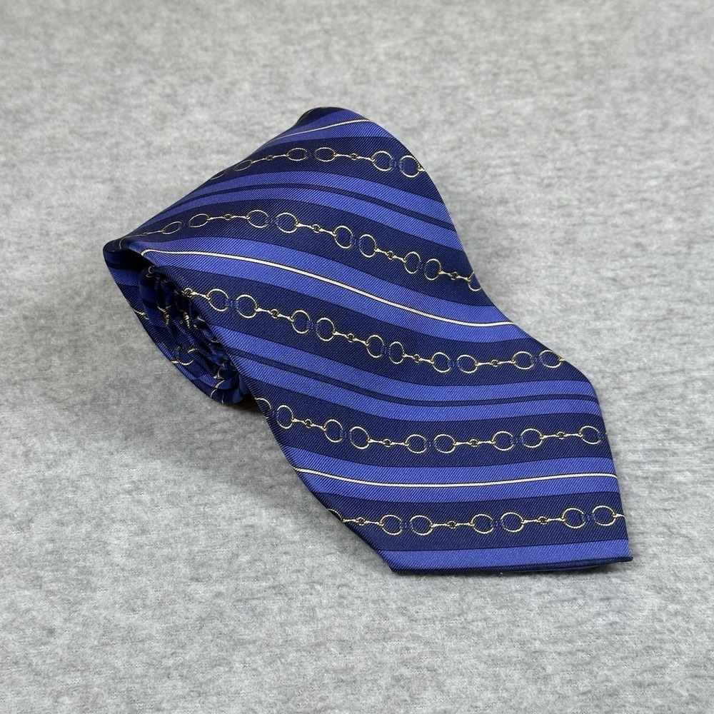 Morgano Uomo Necktie Blue Navy Gold Bit Stripe Pattern 100% Silk Made In Italy